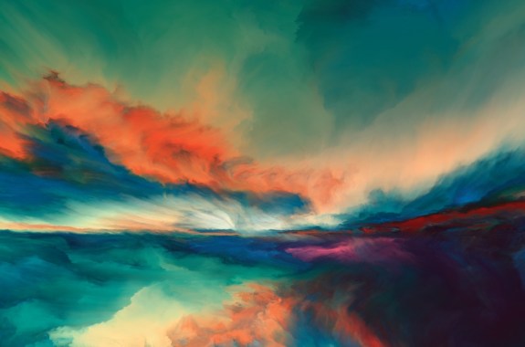 an abstract watercolor painting of a sun setting over a lake. clouds glow orange in front of a muted turqoise glow in the sky