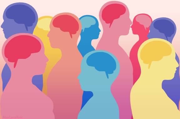 an illustration of ten simple silhouettes of people looking either left or right. each are a different solid color and each have an outline of a brain in their heads, each a darker color of their respective bodies