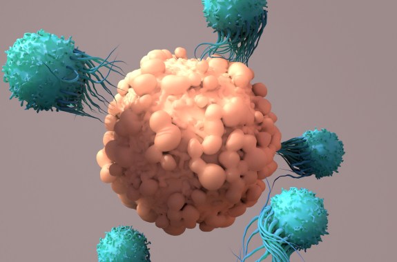 An artist's depiction of small, teal T-cells use tentacle-like protrusions to fight a cancer cell.