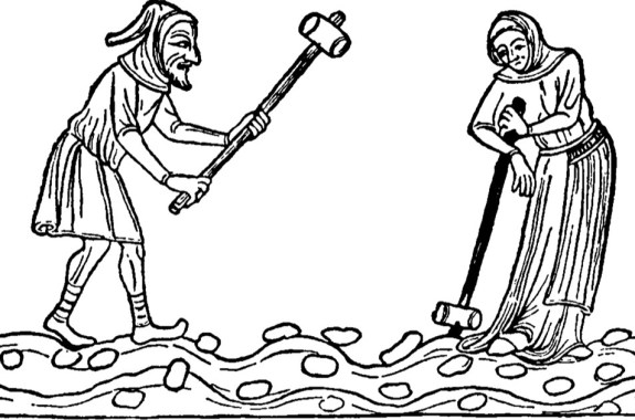 a simple medieval-style illustration. Two medieval peasants, a man and woman, break clods of earth apart with mallets. The man is swinging his mallet, while the woman appears to be resting on hers, vintage line drawing or engraving.