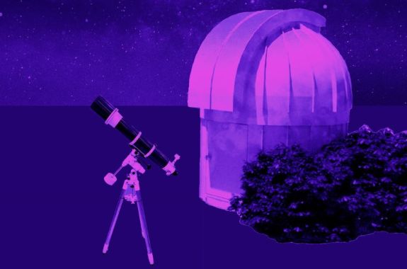A composite, purple and pink tinted image of a telescope in the foreground, with a small observatory in the middle ground, and starry sky in the background.