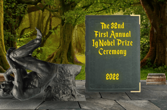 a monty python-esque graphic featuring a forested background with the thinker statue knocked off his pedestal. next to it is an old timey looking book with the words "the 32nd first annual ig nobel prize ceremony 2022"