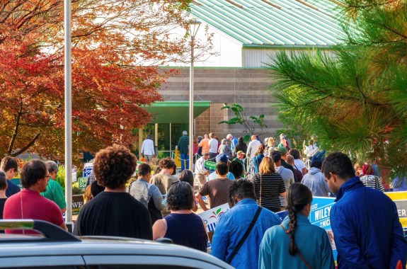 a long line of dozens of people lining up in front of a building with trees bordering it