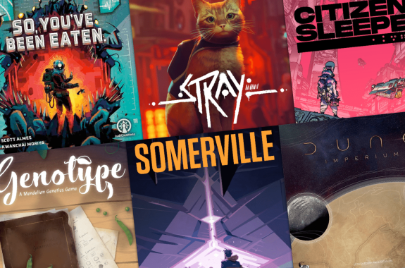 a collage of cover art for six video games. from left to right, top to bottom: 'so you've been eaten' which features an illustration of a person in an old timey diving outfit in a cave with creepy plants, 'stray' which features a cgi render of a cat wearing a futuristic backpack with a warmly lit cyberpunk city behind it, 'citizen sleeper' which features an illustration of a cyborg looking at a spaceship and futuristic city bathed in pink light, 'genotype' which features an illustration of an old timey notebook and some papers, 'somerville' which features an illustration of a huge spaceship made up of purple glowing triangles hovering over a man looking up at it, and 'dune imperium' featuring an illustration of a small moon orbiting around a much larger desert planet