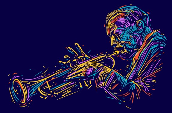 an abstract multi-colored illustration of a man playing a trumpet. they are comprised of dozens of different colored, swirly lines