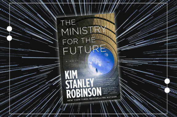 Book cover of "The Ministry For the Future" by Kim Stanley Robinson, which features a view out of the top of a tower, where a circular hole reveals a blue sky with a humanoid on the edge. The image background appears as if dots of lights are moving toward the viewer in space.