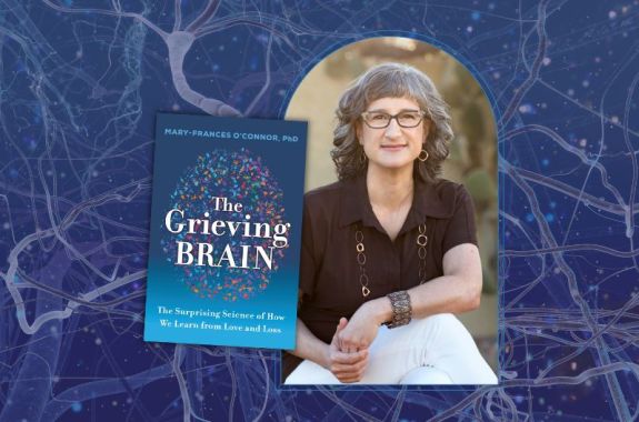 Event promotional image. In the middle of the frame is a picture of THE GRIEVING BRAIN book cover and a headshot of author Mary-Frances O'Connor