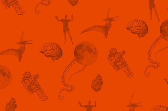 Event promotional image with a patterned background, orange with faded images of science topics: a moon with tentacles, a brain, a human heart, an astronaut, a zombie, a pterodactyl, and more.