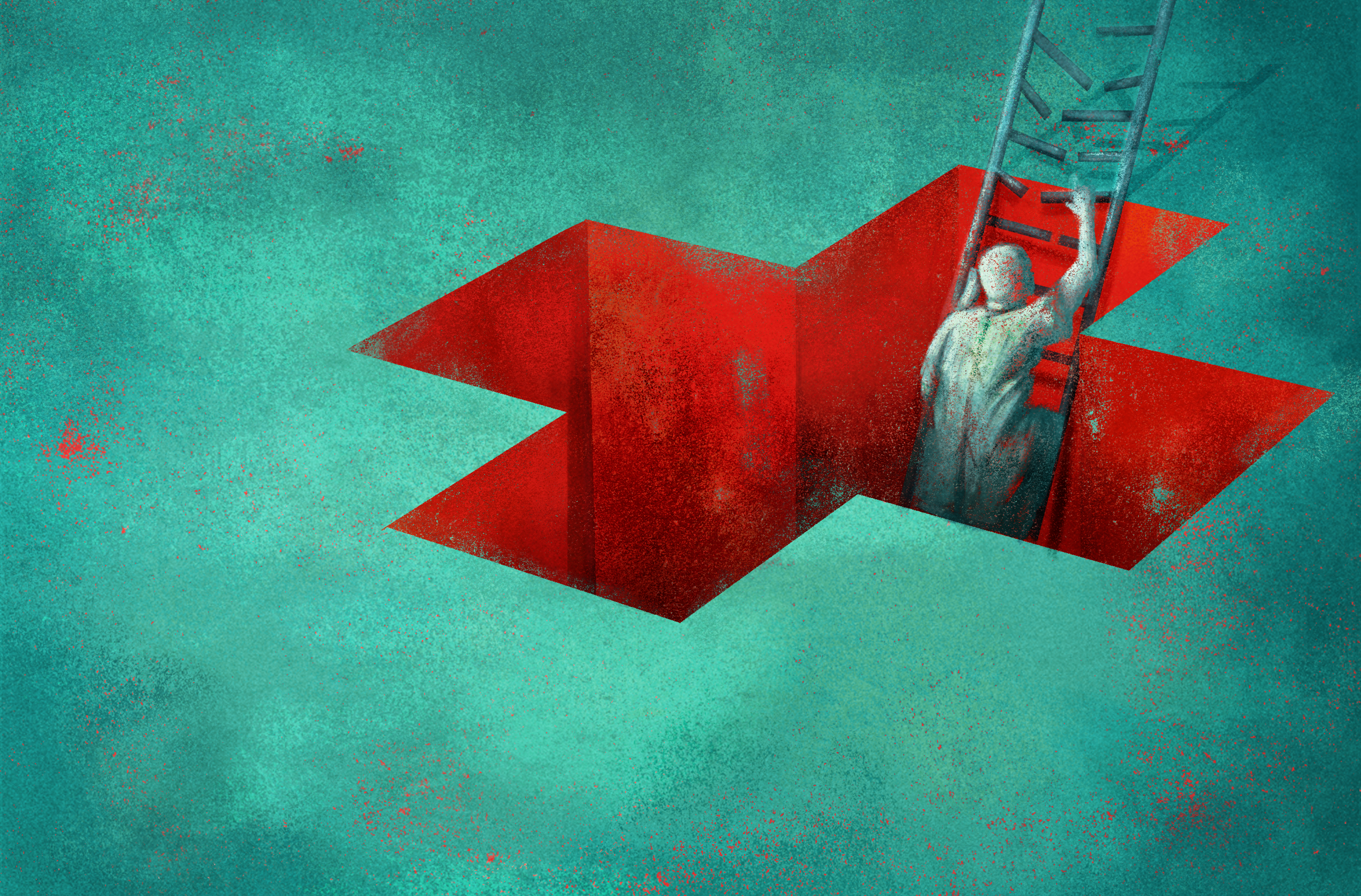 A figure wearing a hospital gown climbs out of a first aid-cross shaped hole. The rungs on the ladder leading them out are disintegrating.