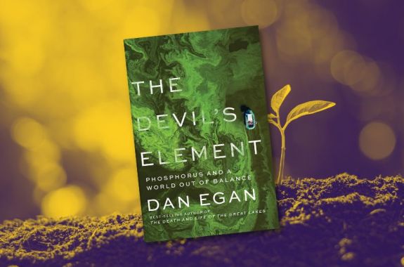 Book cover of THE DEVIL'S ELEMENT by Dan Egan. The image background, in contrasting purple and yellow hues, shows a small seedling growing in a patch of soil.