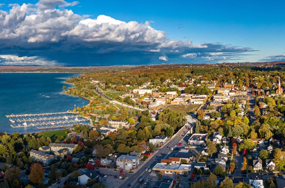 Aerial view of Petoskey, Northern Michigan, autumn evening light