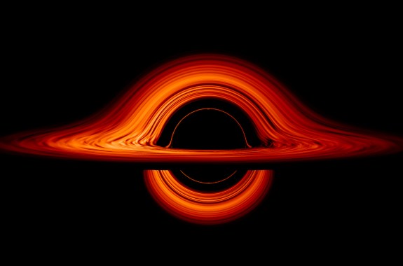 a computer rendering of a black hole showing the intense bend of orange-shaded gas curving in a ring-like shape of a large ominous black space. there is no escape