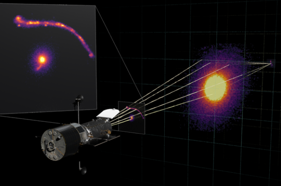 A model of the Hubble Space Telescope viewing the light from a more distant object as it is bent and magnified by the supermassive object in the foreground.