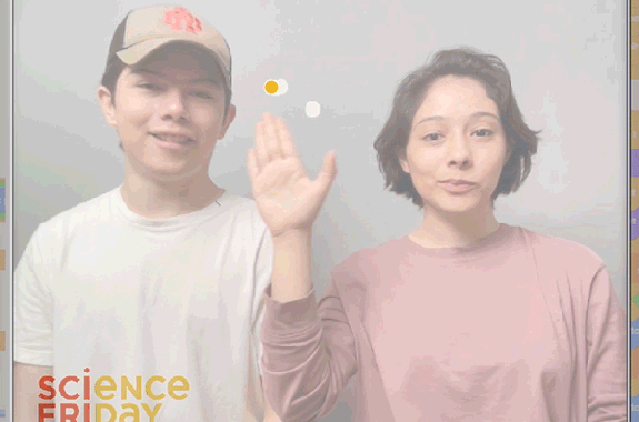 Two young people move their hands through the air to control the computer screen. When a dot on the screen, controlled by the hand, touches a face it flashes and gets larger.