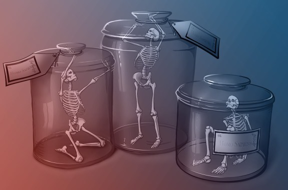 Human skeletons inside glass jars, reaching out trying to free themselves from the inside.
