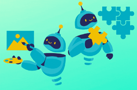 An animated GIF shows two floating cartoon-style robots of different colors and shapes, all with a humanoid appearance. One robot is painting a picture of a mountain. The other is assembling a puzzle. The background is a vibrant green.