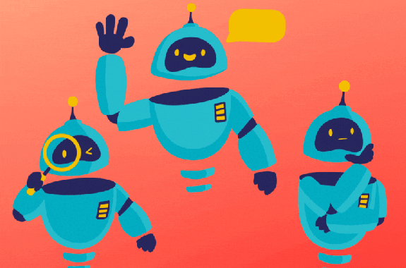 An animated gif shows three floating cartoon-style robots of different colors and shapes, all with a humanoid appearance. The robots face the viewer and move slightly as if they are introducing themselves. The background is a vibrant orange gradient.