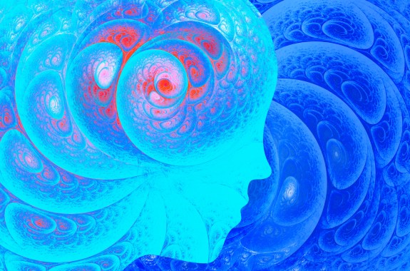 Abstract fractal background with human profile. Woman suffering from headaches, fatigue, chronic pain. State of trance and deep meditation, spiritual journey, psychotherapy