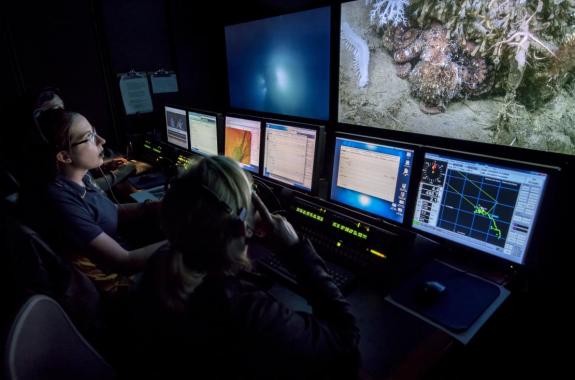 Scientists control underwater cameras from their ship.