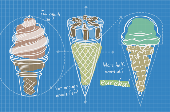 Three drawings of ice cream on a blueprint.