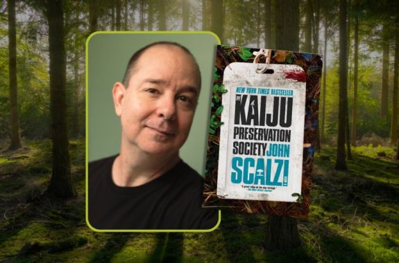 Event promotional image. To the right of the frame is a picture of THE KAIJU PRESERVATION SOCIETY book cover and a headshot of author John Scalzi, a man with a dark shirt smiling slightly at the camera. The background features a forest with tall trees and dramatic shadows from a rising run
