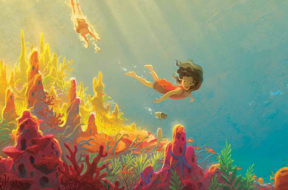 An illustrated child swimming among a colorful coral reef