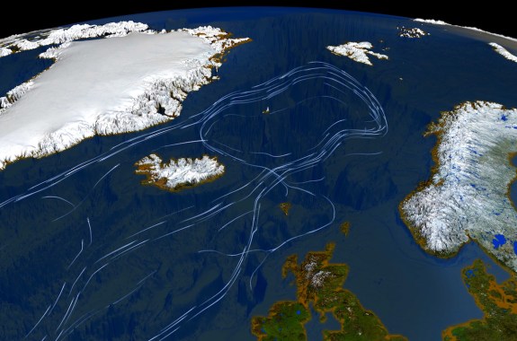 Gulf stream. North Atlantic Drift. System of warm currents in the North Atlantic. 3d illustration.