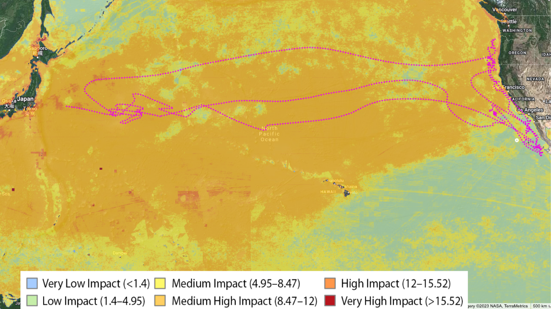 Much of the central area of the map is orange. Areas near the top and mottled with orange, yellow, and light green. A large area to the bottom right is mostly light green. A curving path of purple dots zig-zags between California and Japan. Some paths cross orange areas. One line across the ocean travels through patchy yellow and light green areas. Much of the activity along the California coast is in a light green area.