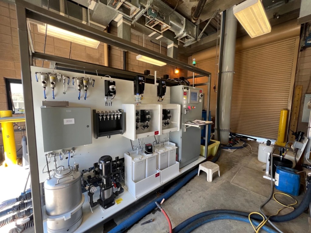 A wall of machines that treat wastewater.