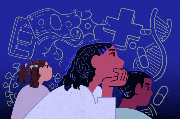 An illustration of three people looking out into the distance