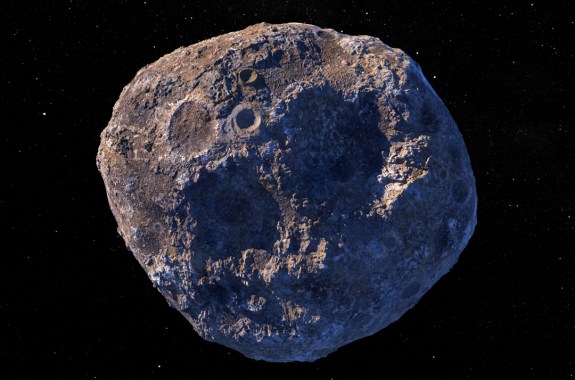 A 3-d rendering of a metal asteroid covered in craters.