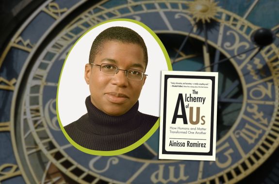Event promotional image. In the middle of the frame is an image of THE ALCHEMY OF US book cover and the headshots of the author, a black woman with glasses and a shaved head. The background is a close-up photo of an ancient clock.