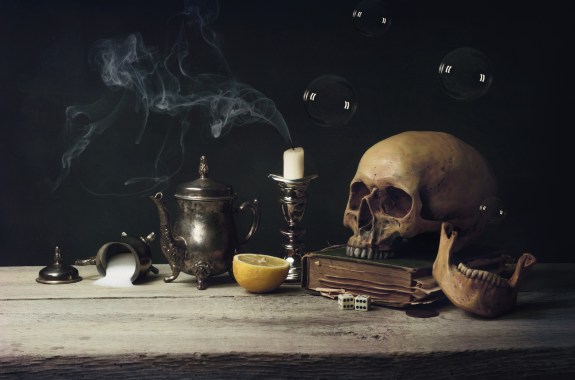 Vanitas with Skull and Tea Set, old Book and Soap Bubbles