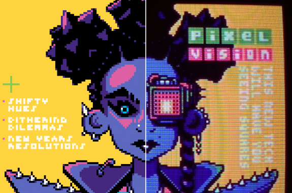 A pixel art digital painting of a girl with a bionic eye. On the right, a crisp, boxy look with no smooth edges. On the left, a smoother, more bright finish.