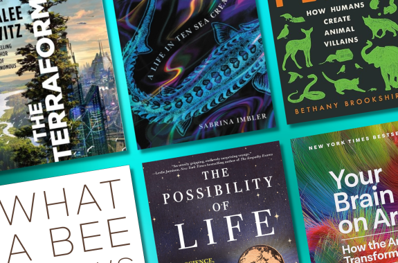 A collage of 6 science book covers over an aquamarine background