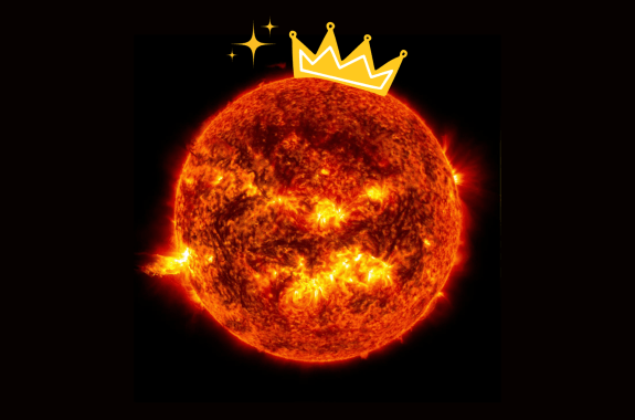The Sun releasing solar flares with a cartoon crown and sparkles added on top