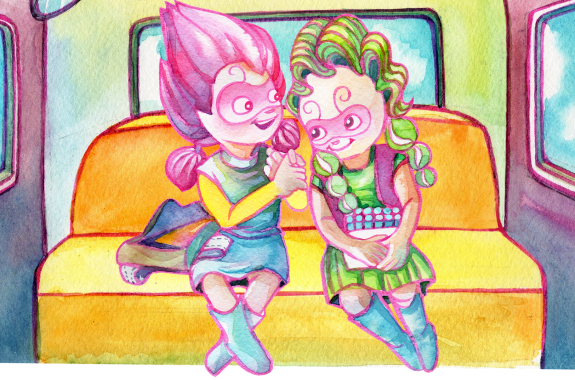 Two children with brightly colored hair and superhero masks signing on a bus.