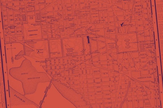A duotone image of an old map of DC in red and purple.