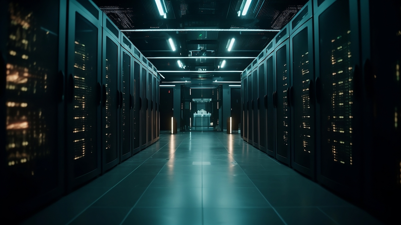 A darkened hallway with data storage units lining the walls and a green glow.