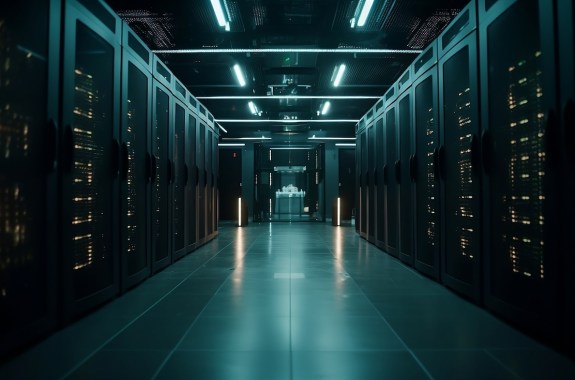 A darkened hallway with data storage units lining the walls and a green glow.