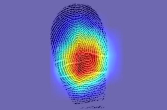 A fingerprint with a red spot in its center, which fades outward towards the print's edges into a gradient of yellow and blue
