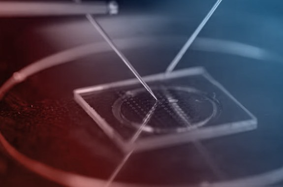 Needles touch a small pane of glass.