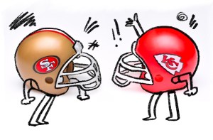 A 49ers helmet and KC Chiefs helmet with little cartoon bodies drawn on them, in a heated argument