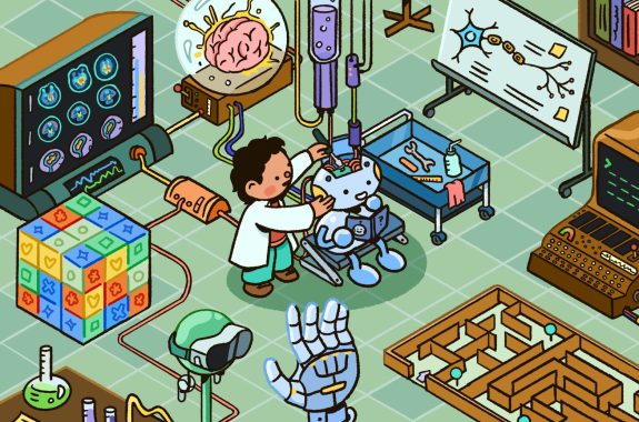 A young scientist is a labcoat tinkers with a robot in a lab. Around them are puzzles, tools, VR goggles, neuroscience equipment including a giant brain.