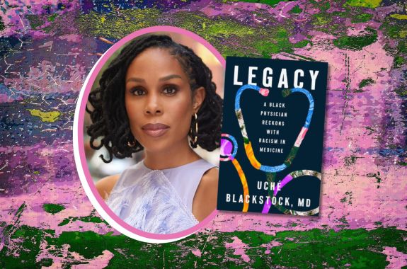 Event promotional image. In the center of the frame, the book cover of LEGACY by Uche Blackstock, and headshot the author, a Black woman with curled hair. The background is a pink, green and purple paint collage.
