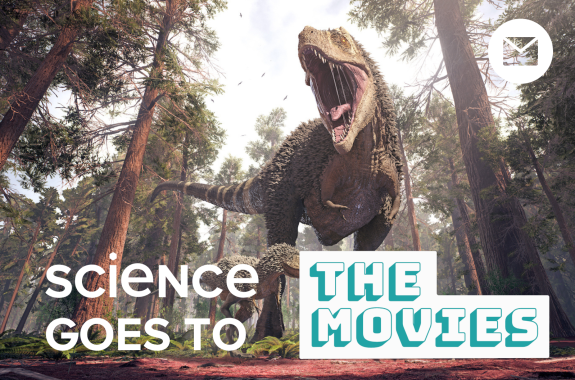 A dinosaur running through a forest.