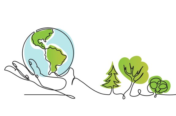 A line drawing of a hand holding the earth