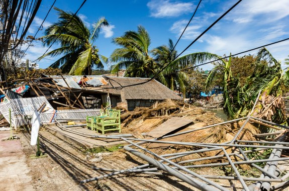 Palm trees fallen over a wooden building that has destroyed supportive structures strewn around it