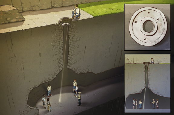 An illustration that's a cross-section of the solar obsevatory, showing one person crouching at on the ground near a disk and and a beam of light passing through the disk and down a long hole into a cavern below, where other peoples stand.