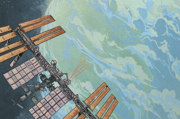 An illustration of a device attached to the international space station floating in space over Earth.